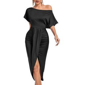NEW Women's XL LYANER Off The Shoulder Ruched Wrap Front Split Hem Midi Dress